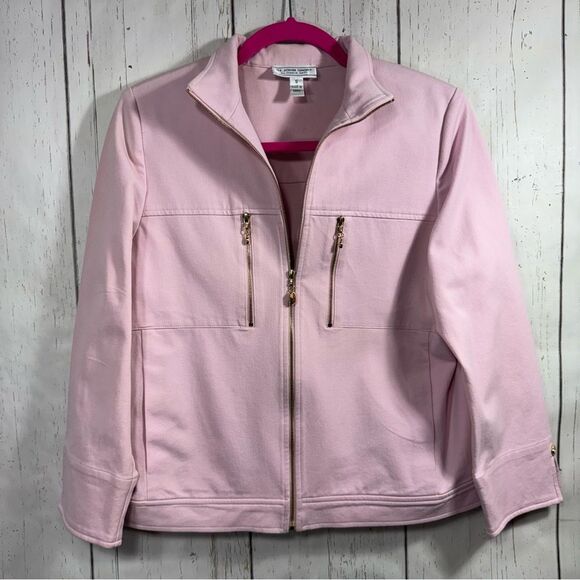 St John Sport By Marie Jacket Stretch Cotton Zipper Gold Detail Soft Pink Pocket - Picture 5 of 15